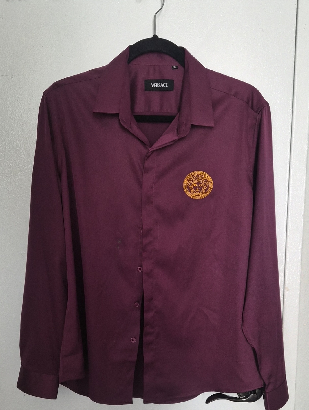 Versace Men's Burgundy Button-Up Shirt with Gold Medusa Logo